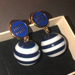 Miu Miu Metal And Pearl Gold Blue Stripe Earrings (Limited Edition)